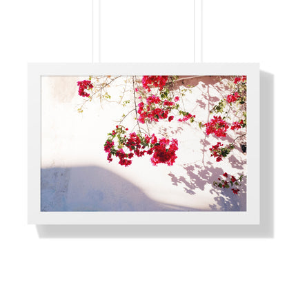 Photography art titled "Alleyway Roses." The framed photography wall art depicted is 24"x16" and is pictured in a white frame option. 

Photo of pink flowers in golden light. 

Mexico Print Series. Oaxaca, Mexico, 2024.

Original photography artwork by Nick Sparks.  