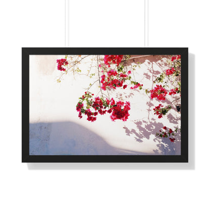 Photography art titled "Alleyway Roses." The framed photography wall art depicted is 30"x20" and is pictured in a black frame option. 

Photo of pink flowers in golden light. 

Mexico Print Series. Oaxaca, Mexico, 2024.

Original photography artwork by Nick Sparks.  