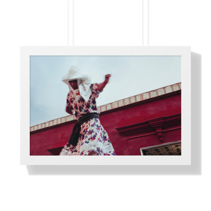 Photography art titled "Colorful Motion.” The framed photography wall art depicted is 24"x16" and is pictured in a white frame option. 

A traditionally dress Oaxacan woman dating next to magenta building.

Mexico Print Series. Oaxaca, Mexico, 2024.

Original photography artwork by Nick Sparks.  