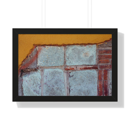 Photography art titled “Historic Layers.” The framed photography wall art depicted is 24"x16" and is pictured in a white frame option. 

The wall of a building with a break in the modern yellow paint revealing blue stone and brick layers. 

Mexico Print Series. Oaxaca, Mexico, 2024.

Original photography artwork by Nick Sparks.  