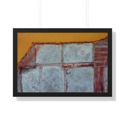 Photography art titled “Historic Layers.” The framed photography wall art depicted is 30"x20" and is pictured in a black frame option. 

The wall of a building with a break in the modern yellow paint revealing blue stone and brick layers. 

Mexico Print Series. Oaxaca, Mexico, 2024.

Original photography artwork by Nick Sparks.  